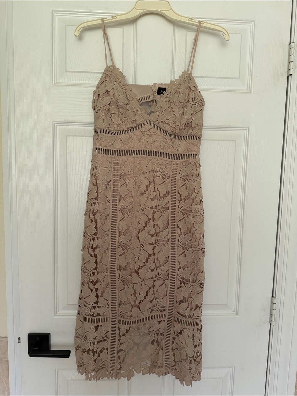 Bardot Nude Floral Lace Midi Dress with Spaghetti Straps